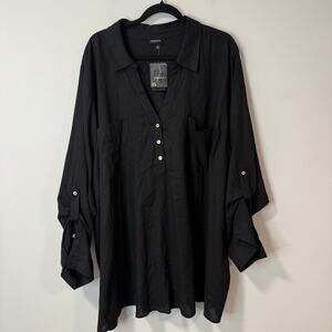 Torrid Women's Linen Henley Pocket Long Sleeve Blouse Shirt Black NEW 6X